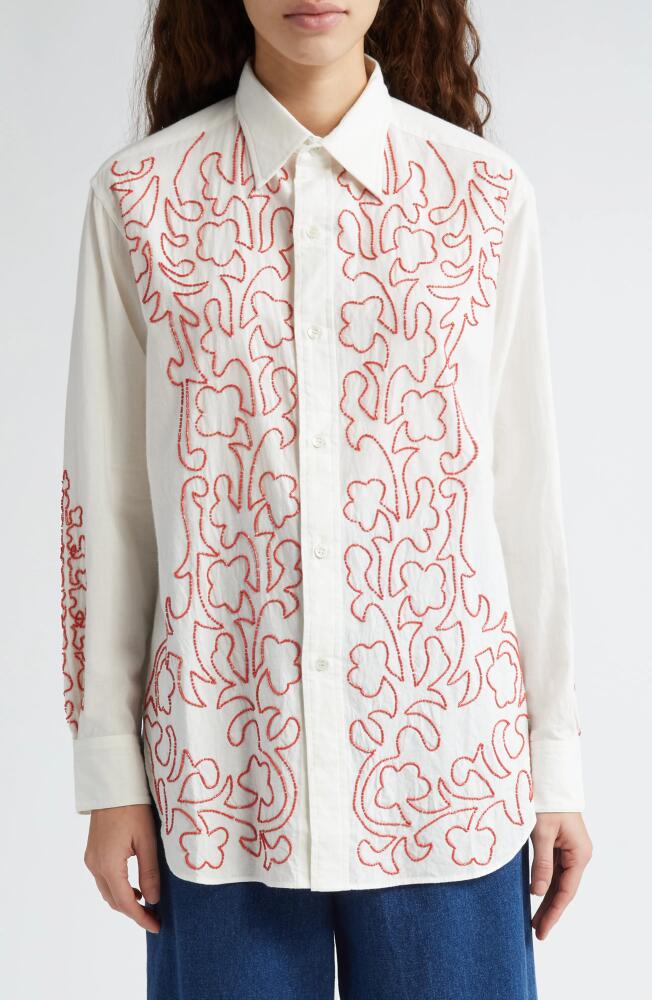 Bode Crossvine Beaded Cotton Button-Up Shirt in White Red Cover