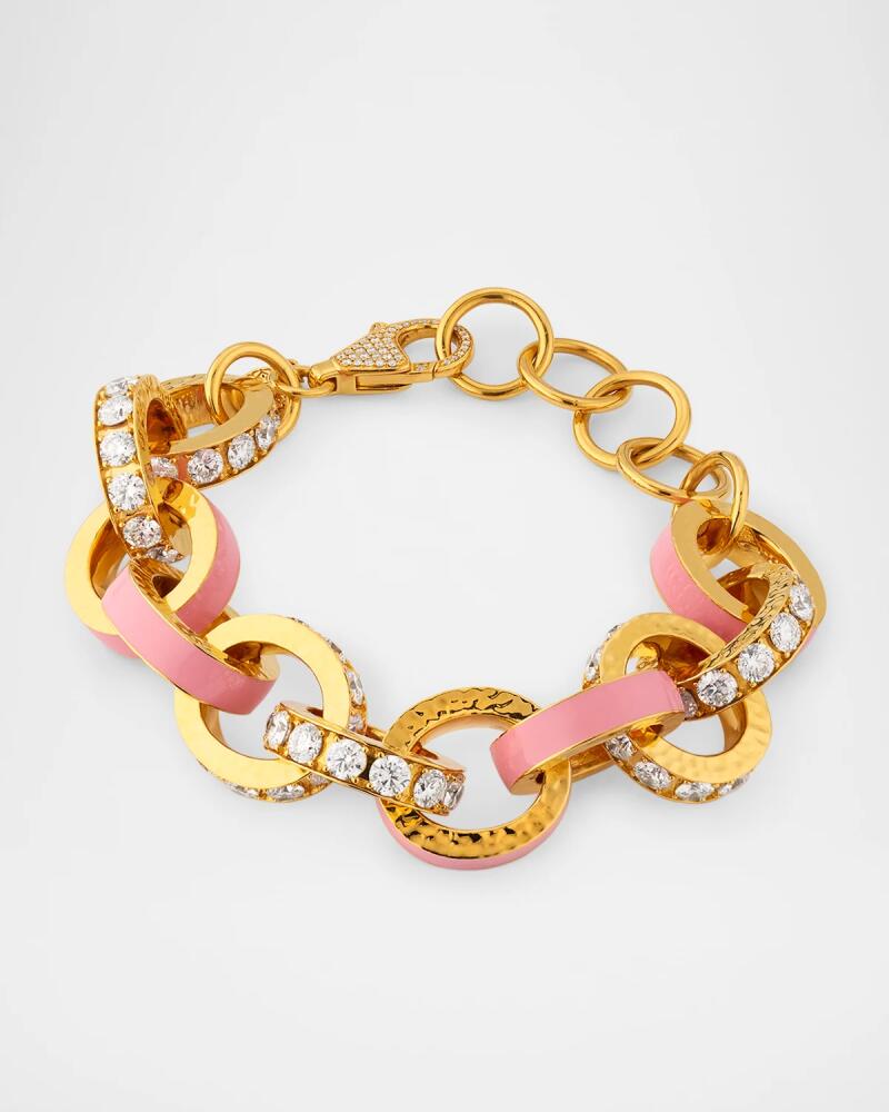 Buddha Mama 20K Yellow Gold Big Link Pink Enamel and Diamond Bracelet Cover