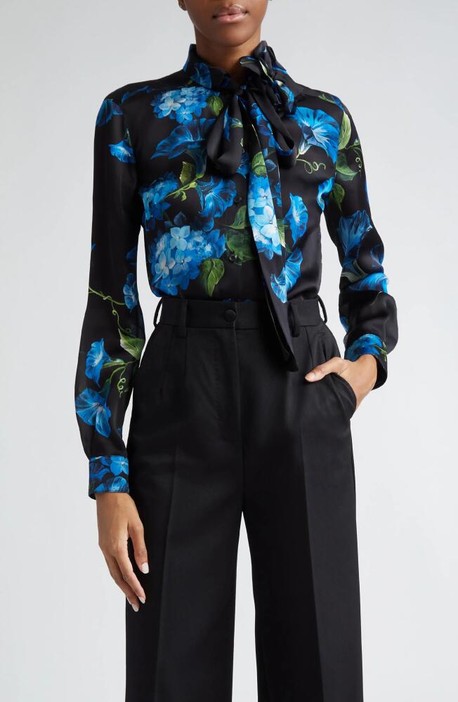 Dolce & Gabbana Bluebell Floral Print Tie Neck Silk Satin Shirt with Detachable Appliqué in Nero Cover