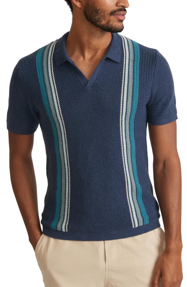 Marine Layer Conrad Stripe Johnny Collar Polo Sweater in Navy Blue Stripe Cover