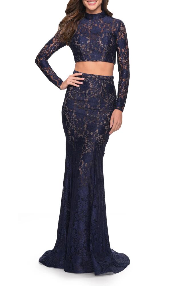 La Femme Embellished Lace Two-Piece Gown in Navy Cover