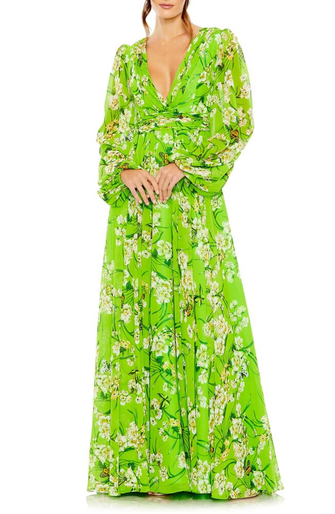 Ieena for Mac Duggal Floral Long Sleeve Chiffon A-Line Gown in Green Multi Cover