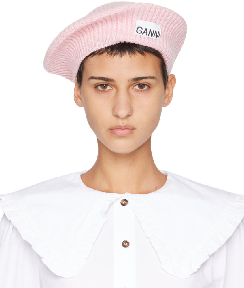 GANNI Pink Wool Rib Knit Beret Cover