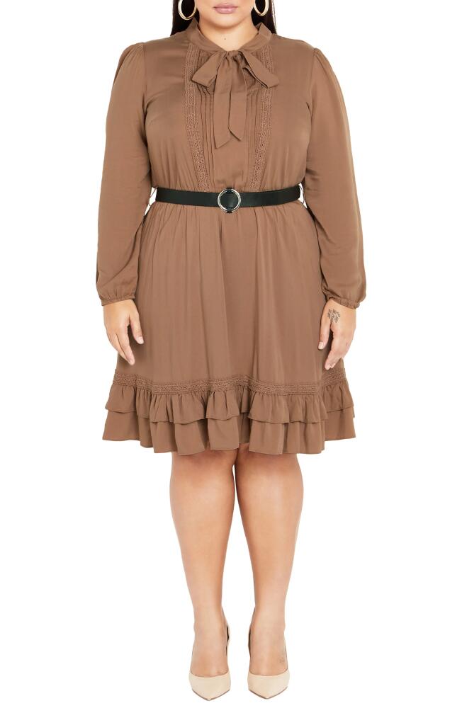 City Chic Precious Tie Neck Belted Long Sleeve Dress in Deep Caramel Cover