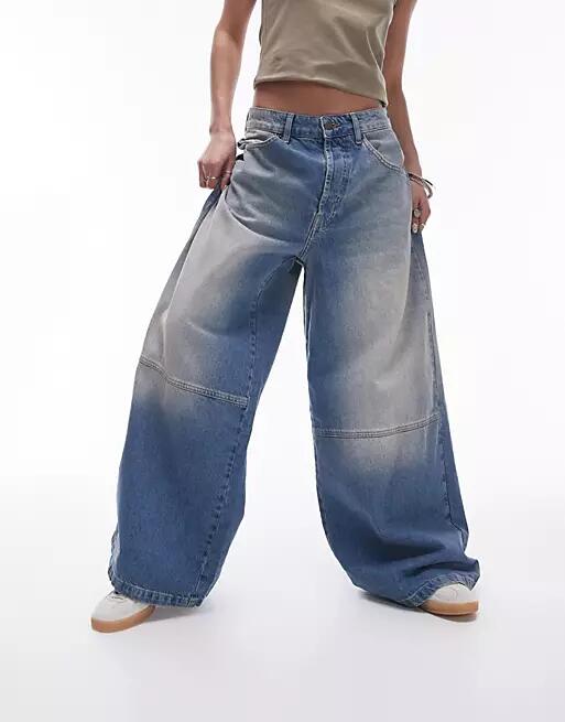 Topshop ruined cargo wide leg jeans in mid blue Cover