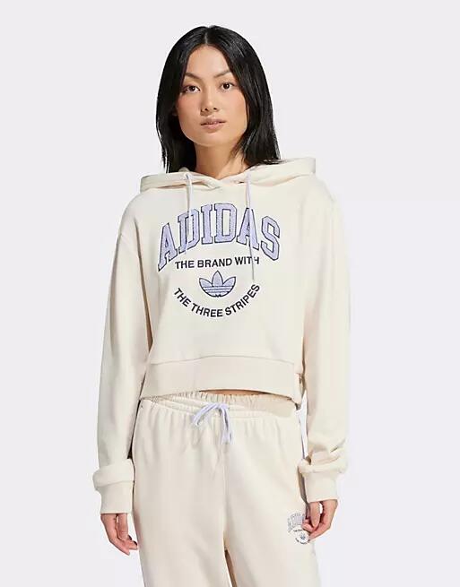 adidas Originals Sports Varsity cropped hoodie in cream and purple-White Cover