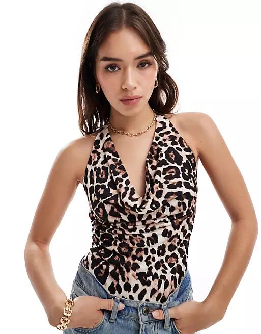 Bershka cowl neck polyamide bodysuit in leopard print-Multi Cover