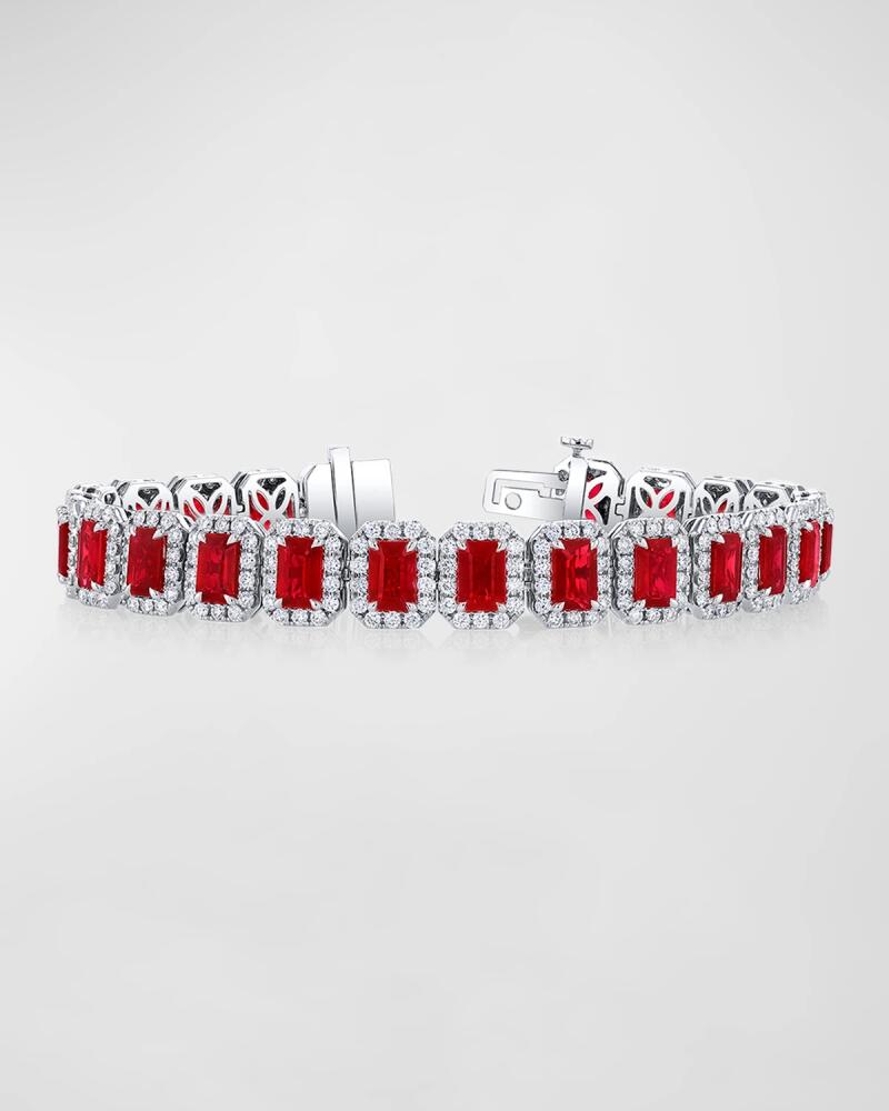 Neiman Marcus Diamonds 18K White Gold Ruby Center with Diamond Halo Tennis Bracelet, 7" Cover