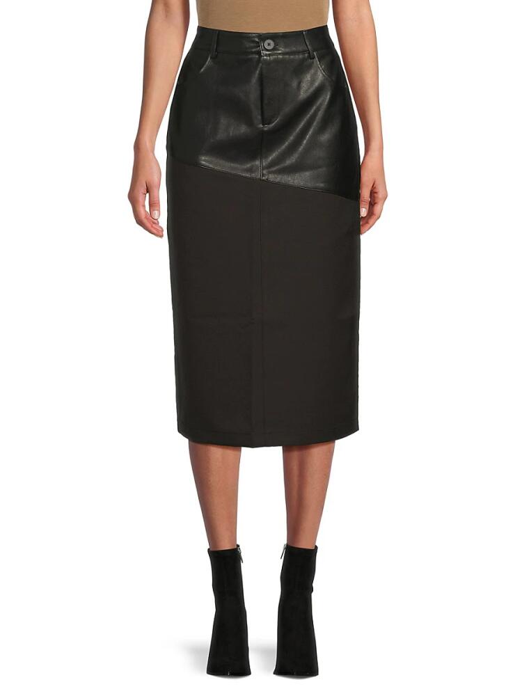 Wdny Women's Faux Leather Spliced Midi Skirt - Black Cover