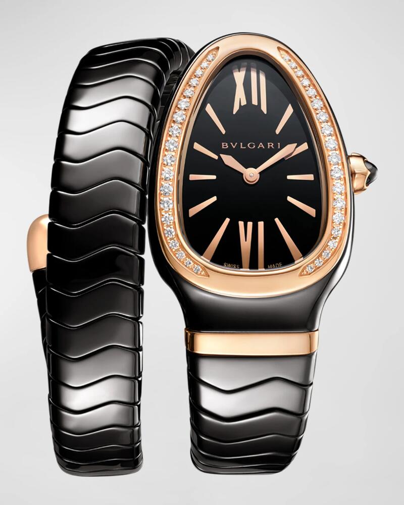 BVLGARI 35mm Serpenti Spiga 18k Rose Gold Black Ceramic Wrap Watch with Diamonds Cover