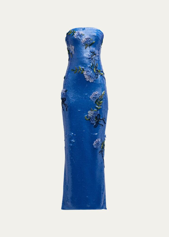 Monique Lhuillier Strapless Sequin Column Gown with Embroidered Floral Details Cover