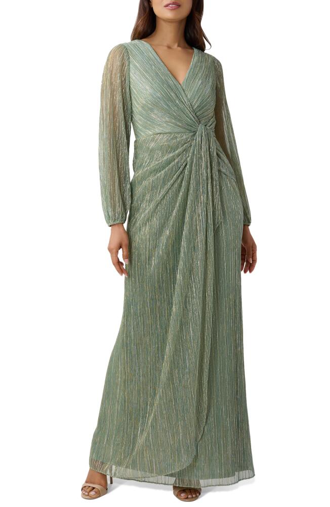 Adrianna Papell Metallic Long Sleeve Mesh Evening Gown in Green Slate Cover