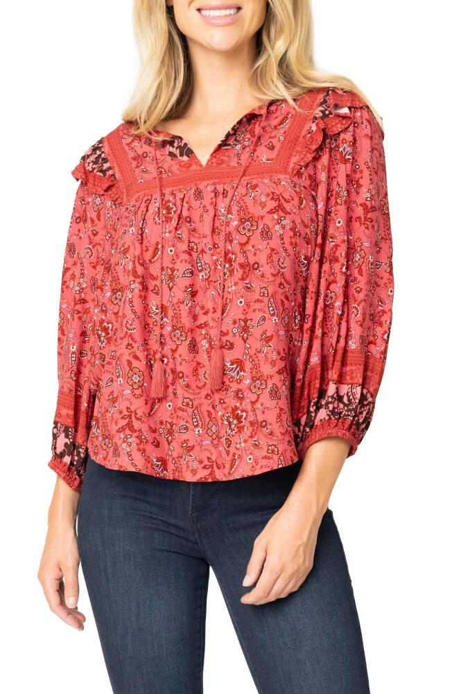 GIBSONLOOK Harvest Moon Border Print Tie Neck Top in Burgundy Spice Border Print Cover