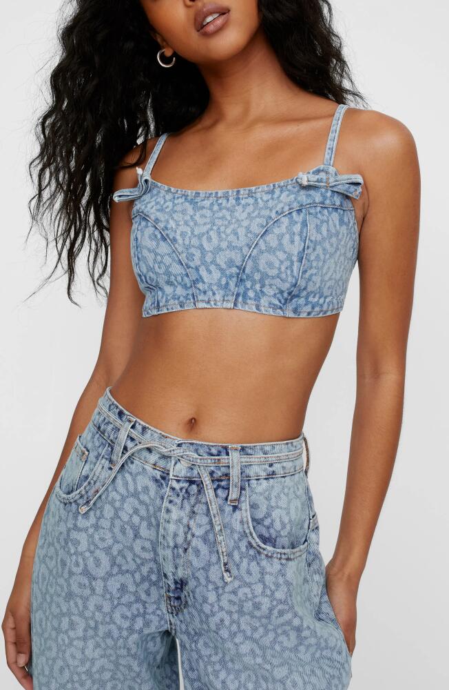 NASTY GAL Bow Leopard Spot Denim Crop Top in Washed Blue Cover