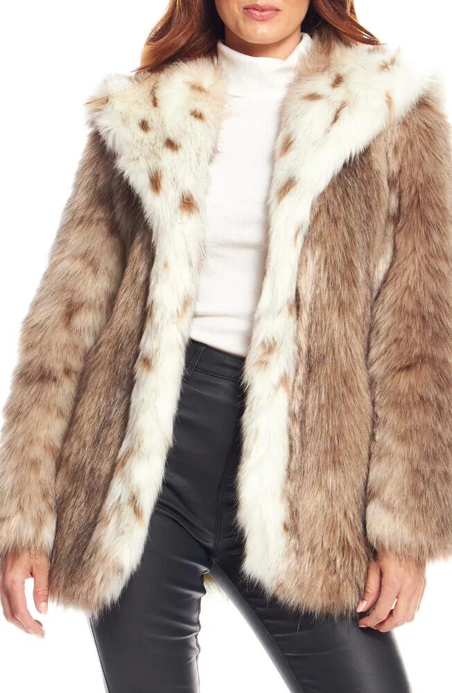 DONNA SALYERS FABULOUS FURS Gold Fox Faux Fur Hooded Coat in Lynx Cover