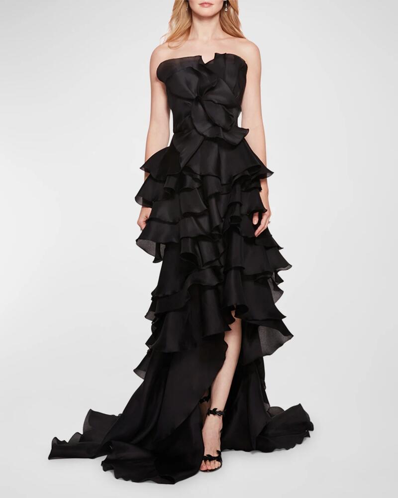 Marchesa Strapless Tiered Ruffle Petal Gown Cover