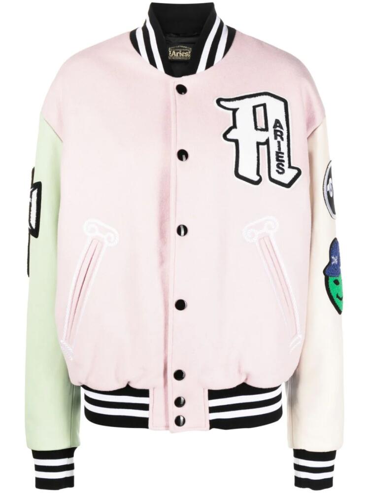 Aries logo-patch colour-block varsity jacket - Pink Cover