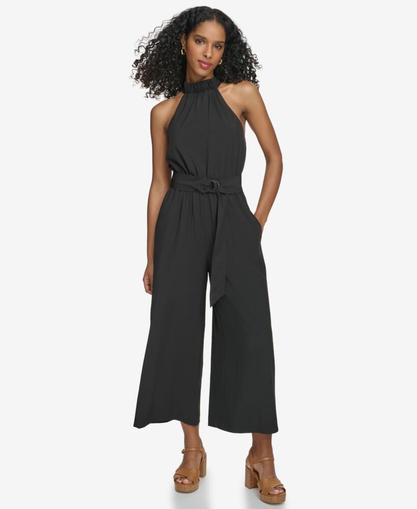 Calvin Klein Women's Belter Halter-Neck Straight-Leg Jumpsuit - Black Cover