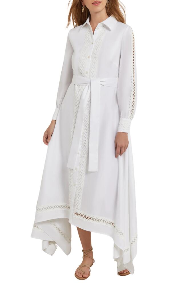 Misook Tie Waist Handkerchief Hem Long Sleeve Shirtdress in White Cover