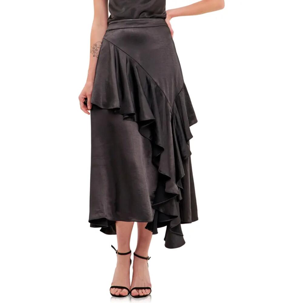 Endless Rose Waterfall Ruffle Satin Maxi Skirt in Black Cover