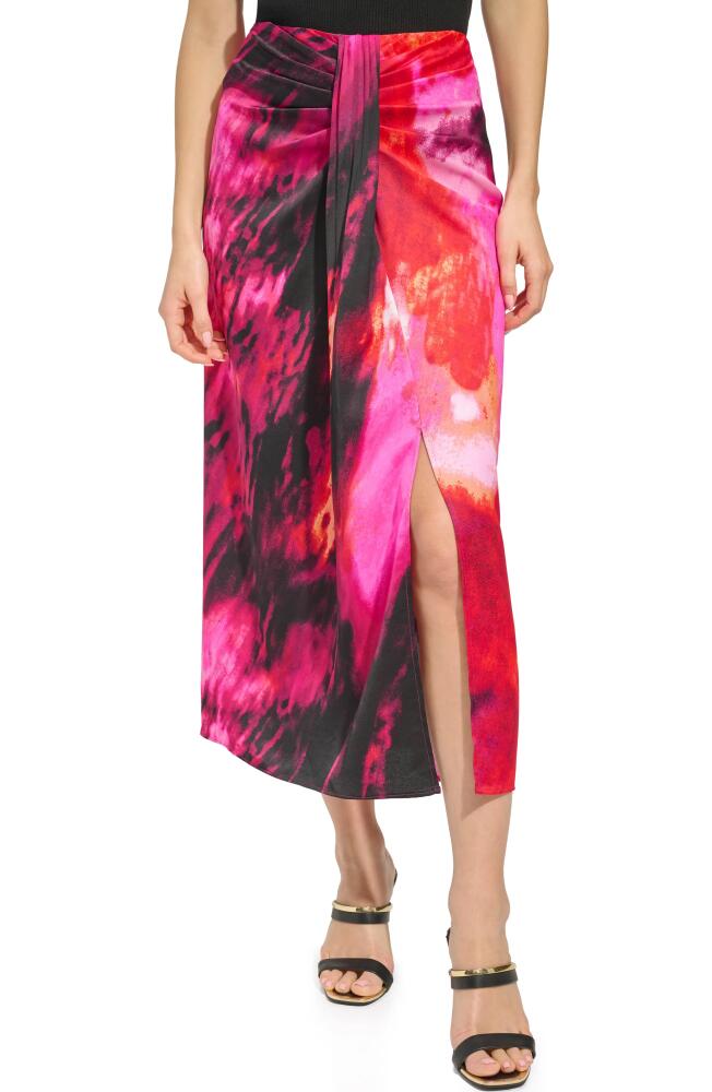 DKNY Print Pleated Drape Midi Skirt in Shocking Pink Multi Cover