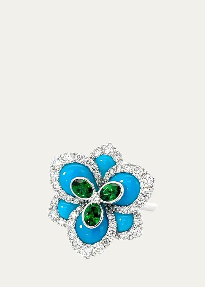 Stefere 18k White Gold Diamond, Tsavorite, and Turquoise Flower Statement Ring Cover