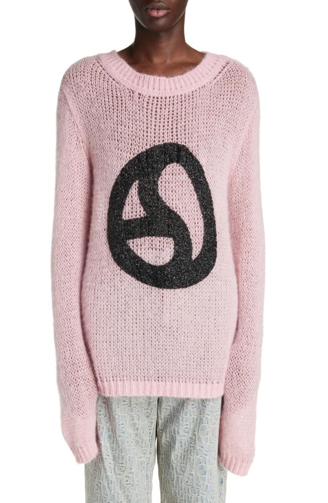 Acne Studios Warped Logo Open Knit Crewneck Sweater in Blush Pink Cover