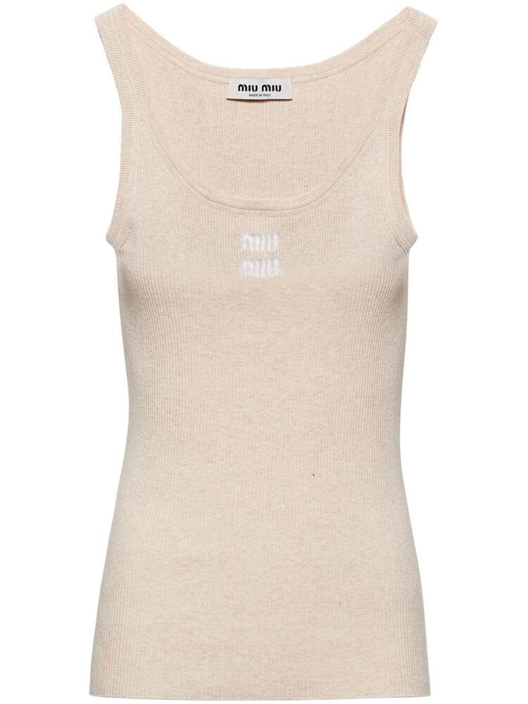 Miu Miu logo-embroidered cotton tank top - Neutrals Cover