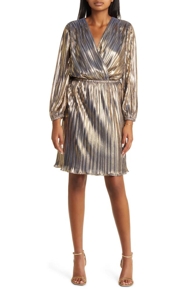 Maggy London Metallic Pleated Long Sleeve Cocktail Dress in Gold Cover