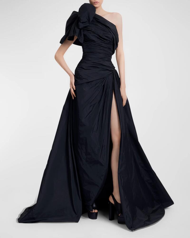 Elie Saab Bow One-Shoulder Draped Taffeta Slit Gown Cover