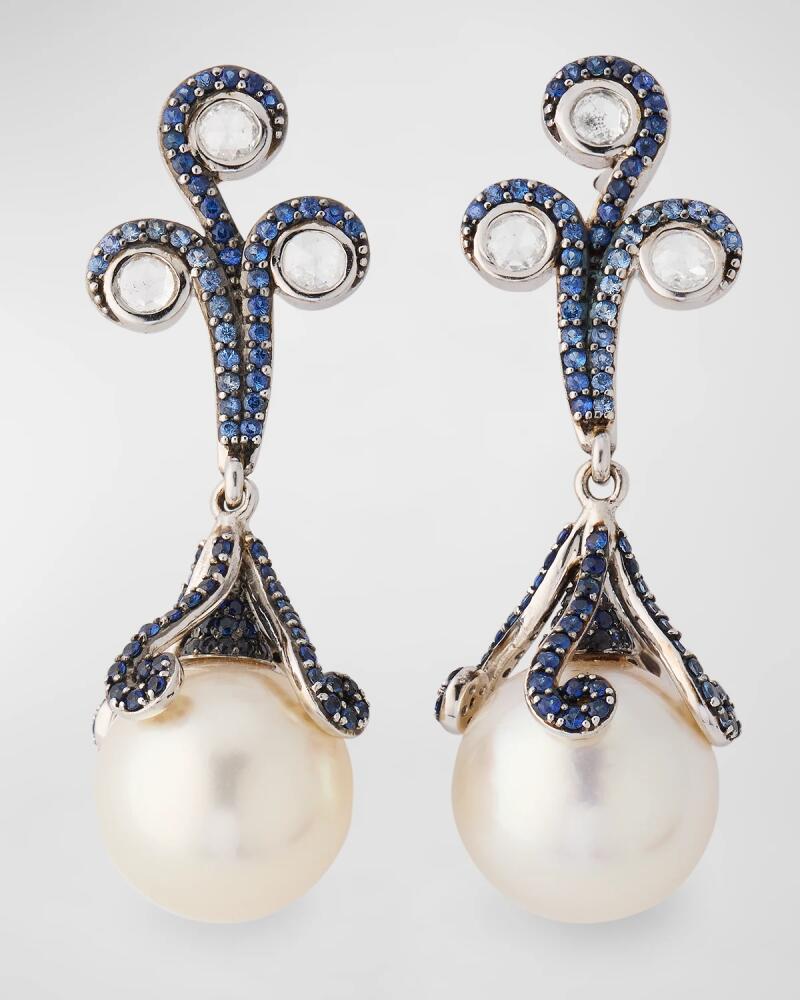 Belpearl 18K White Gold 12mm South Sea Pearl, Sapphire and Diamond Earrings Cover