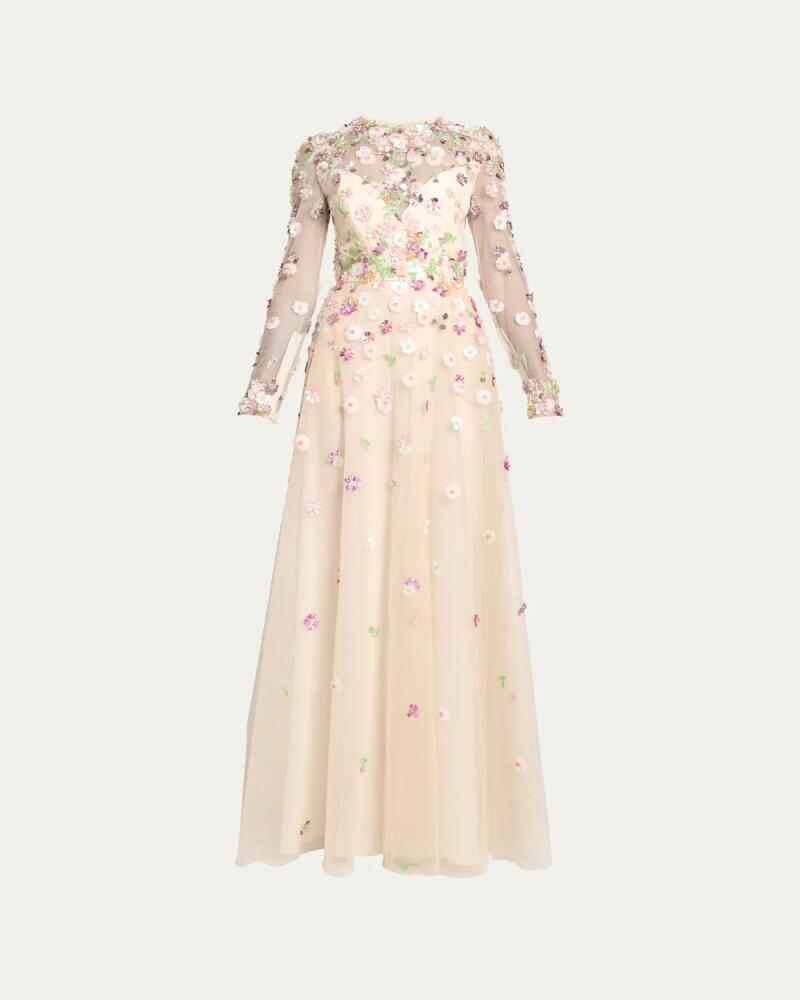 Elie Saab Long Floral Applique Tulle Dress Cover