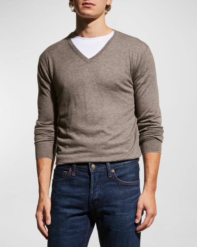 Neiman Marcus Men's Extra Lightweight Wool-Cashmere V-Neck Sweater Cover