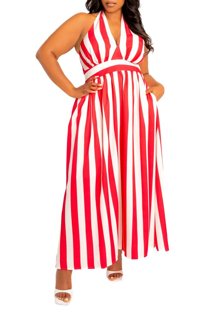 BUXOM COUTURE Stripe Halter Maxi Dress in Red Stripe Cover