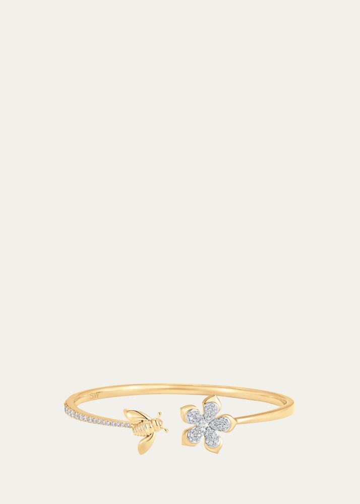 Sara Weinstock 18K Two-Tone Gold Queen Bee Diamond Partial Flower And Bee Open Bangle Cuff Cover