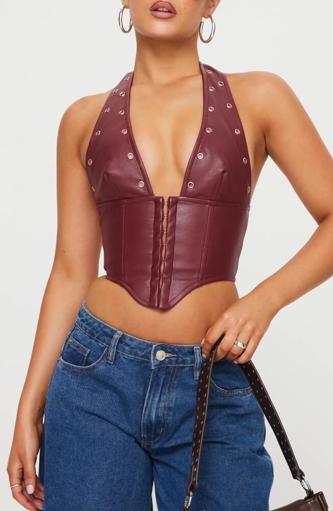 Princess Polly Palladia Jordy Grommet Faux Leather Corset Halter Top in Dark Red Cover