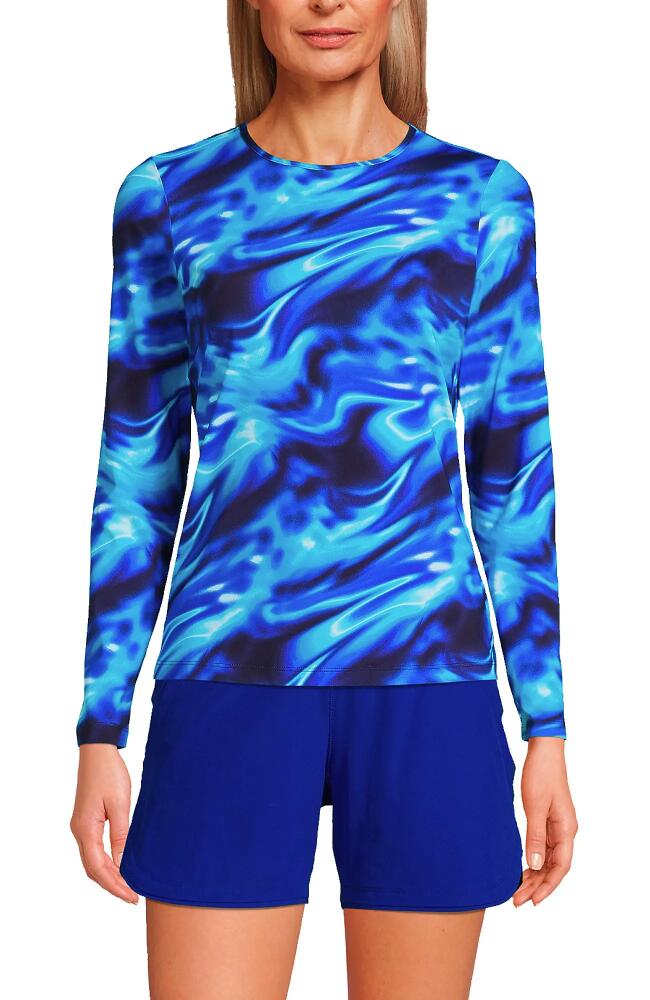 Lands' End Long Crew Neck Long Sleeve Rash Guard UPF 50 Sun Protection Modest Swim Tee in Electric Blue Multi/swirl Cover