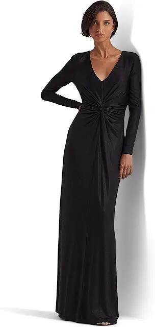 Lauren Ralph Lauren Twist-Front Foil Print Jersey Gown (Black) Women's Dress Cover