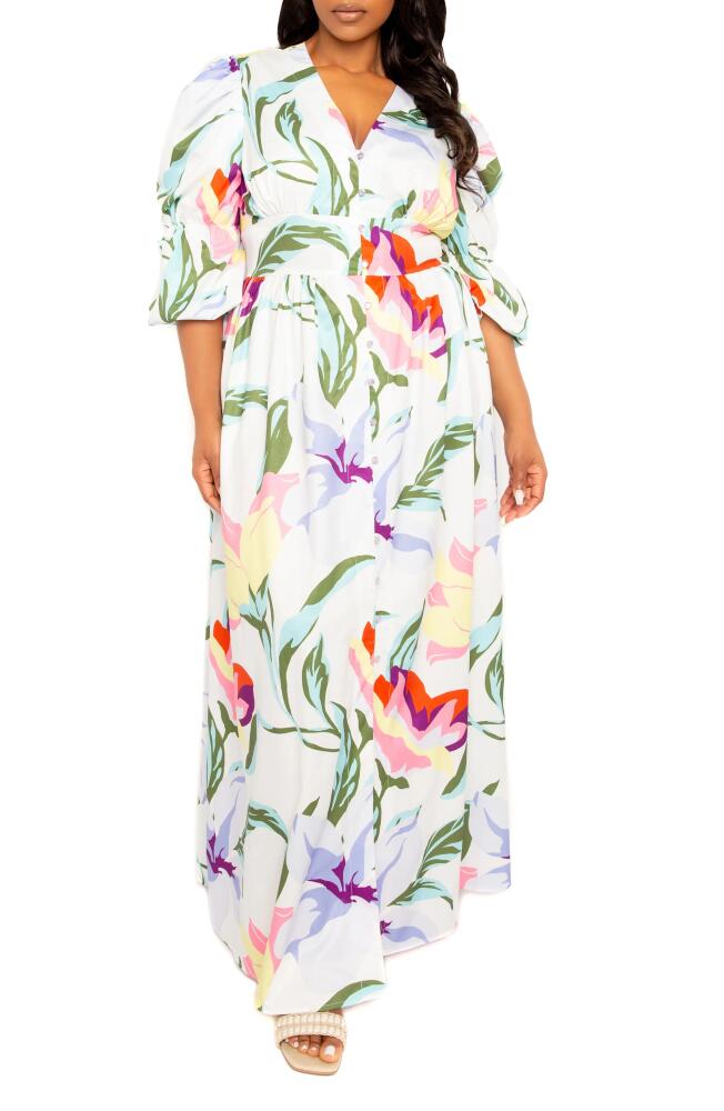 BUXOM COUTURE Floral Puff Sleeve Maxi Dress in White Multi Cover