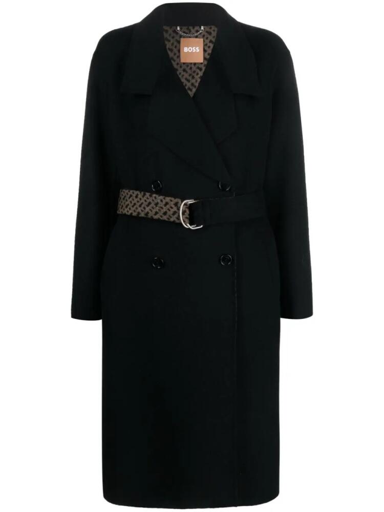 BOSS monogram-jacquard belt wool-blend coat - Black Cover