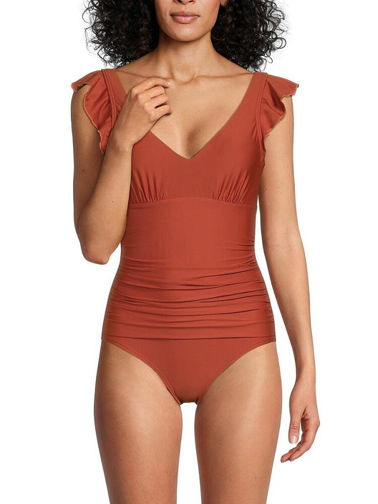 DKNY Women's One-Piece Ruched Ruffle Trim Swimsuit - Sunset Brown Cover