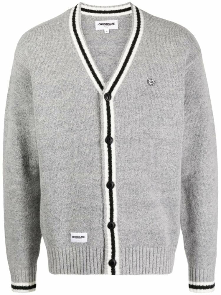 CHOCOOLATE logo-print striped-trim cardigan - Grey Cover