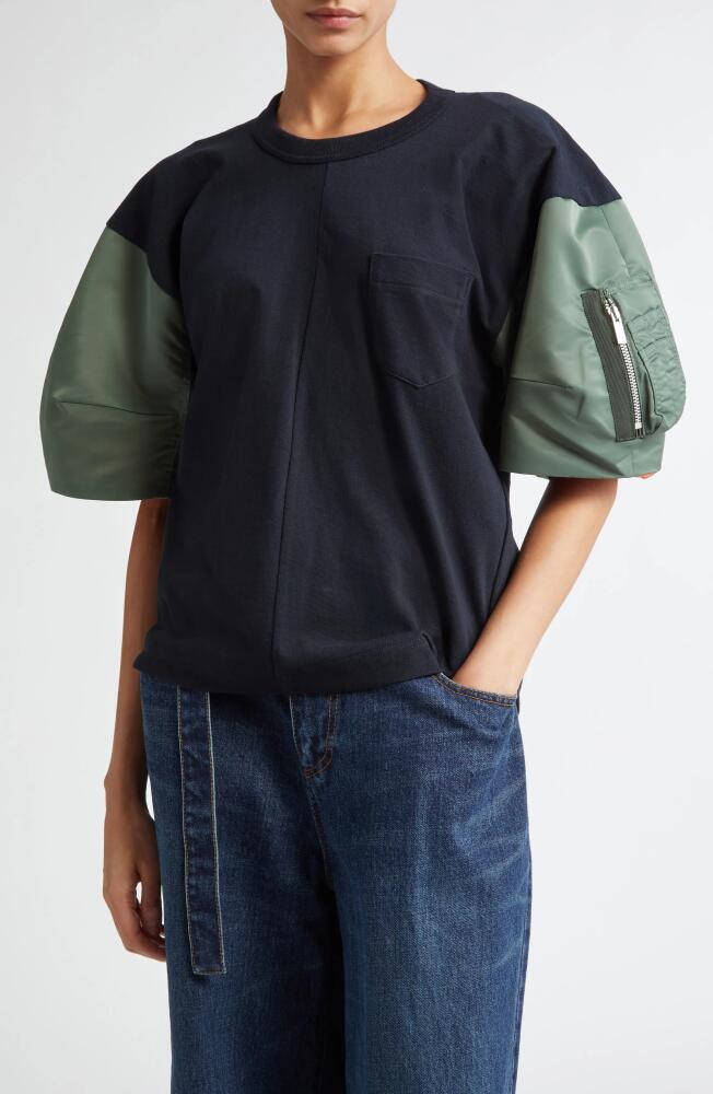 Sacai Mixed Media Crewneck T-Shirt in Navy B/Khaki Cover