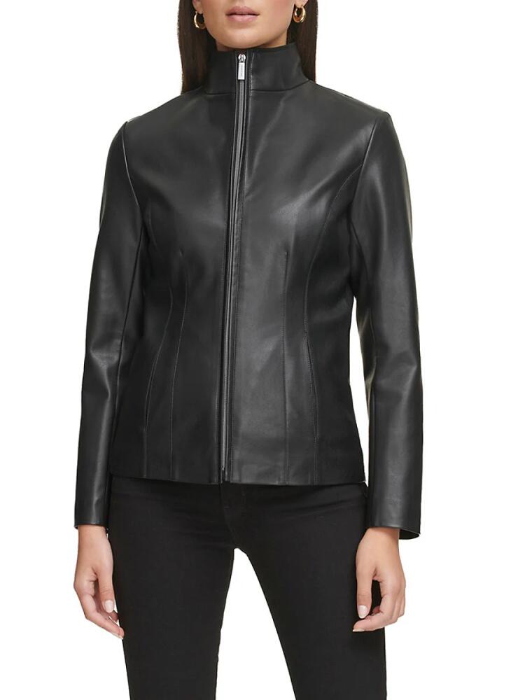 Kenneth Cole Women's Faux Leather Mockneck Racing Jacket - Black Cover