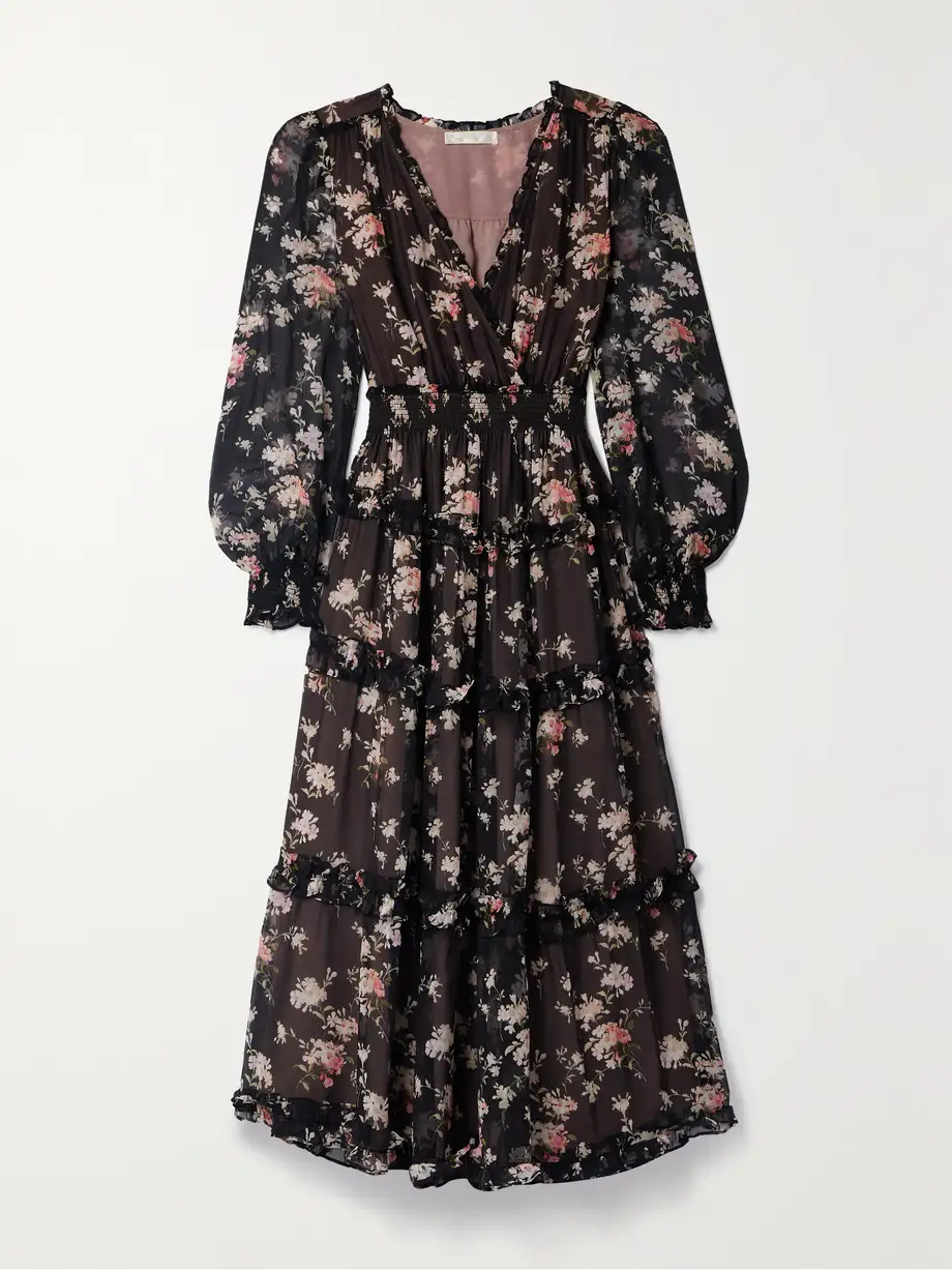 LoveShackFancy - Kailo Wrap-effect Floral-print Silk-chiffon Midi Dress - Black Cover