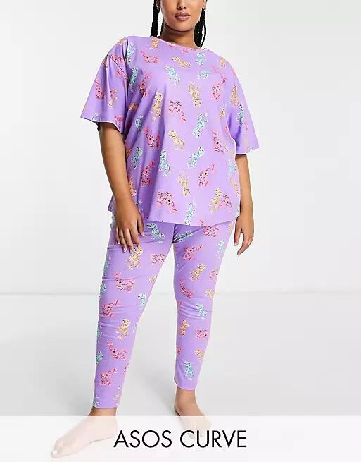 ASOS DESIGN Curve dino & lobster oversized tee and legging pajama set in purple Cover