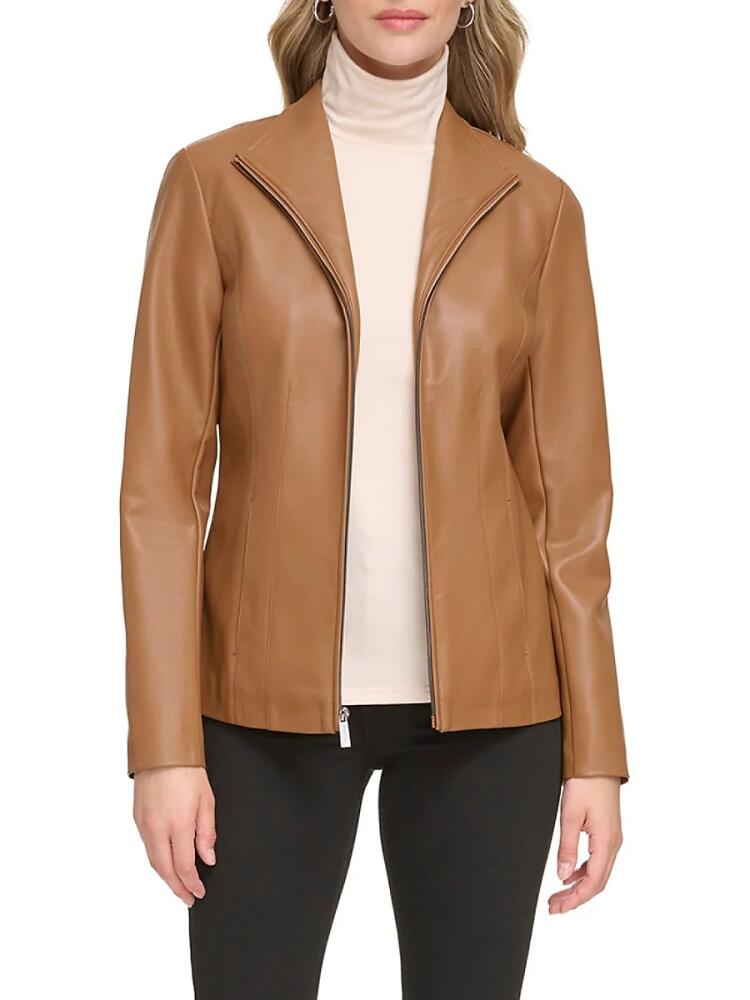 Kenneth Cole Women's Faux Leather Mockneck Racing Jacket - Tan Cover