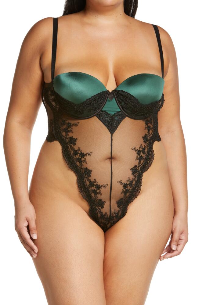 Oh La La Cheri Paulette Lace Trim Satin Thong Bodysuit in Dark Green/Black Cover