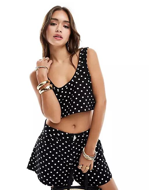 ASOS DESIGN denim tank top top in polka dot print - part of a set-Black Cover