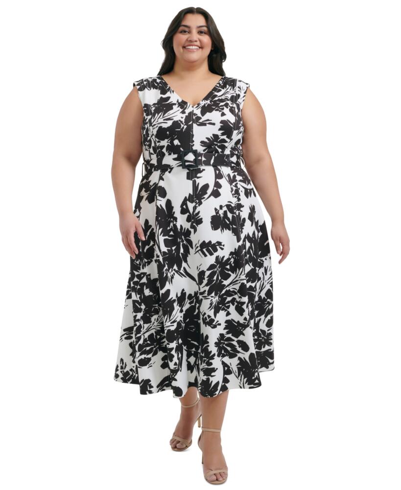 Calvin Klein Plus Size V-Neck Sleeveless Scuba Dress - Black Soft White Cover